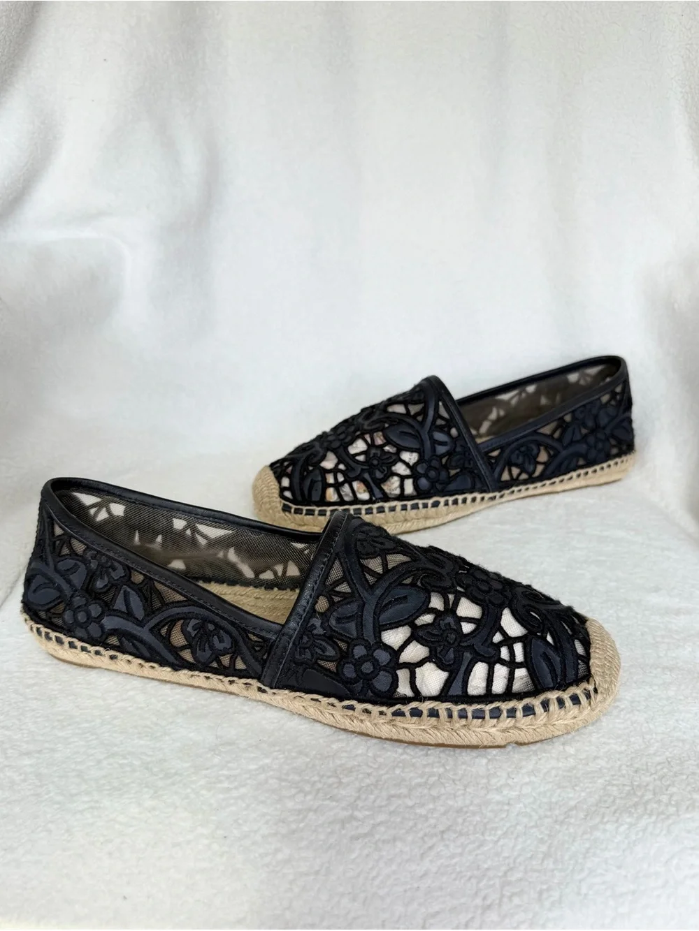 Tory Burch Black Cotton Lace and Leather Jackie Espadrilles 10.5